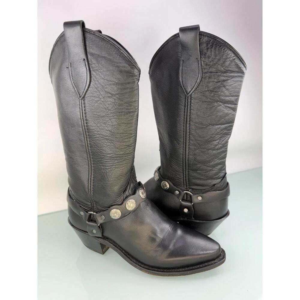 Abilene Black Leather Harness Concho Western‎ Cowgirl Boots USA 5.5M